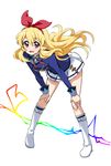  :d aikatsu! aikatsu!_(series) bent_over blonde_hair boots eyebrows eyebrows_visible_through_hair full_body hair_ribbon hands_on_own_knees highres hoshimiya_ichigo jacket knee_boots long_hair long_sleeves looking_at_viewer open_mouth pleated_skirt red_eyes red_ribbon ribbon school_uniform simple_background skirt smile solo starlight_academy_uniform tokiani white_background white_skirt 
