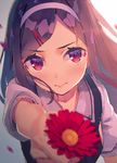  3: blurry blush brown_hair chromatic_aberration depth_of_field flower hair_ornament hairband hairclip holding holding_flower incoming_gift light_smile long_hair original outstretched_arm petals purple_hairband red_eyes school_uniform solo v-shaped_eyebrows yasumo_(kuusouorbital) 