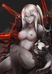  aircraft_carrier_hime bottomless breasts breasts_outside edwin_(cyberdark_impacts) elbow_gloves enemy_aircraft_(kantai_collection) gloves grey_skin kantai_collection large_breasts long_hair looking_at_viewer nipples one_side_up open_clothes open_shirt pale_skin red_eyes shinkaisei-kan shirt sitting smile solo torn_clothes very_long_hair white_hair 