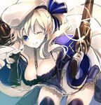  ;) absurdres bent_over beret between_breasts black_legwear blue_eyes blue_ribbon blue_skirt breasts cleavage closed_mouth collarbone cucouroux_(granblue_fantasy) finger_on_trigger goroo granblue_fantasy grin gun hair_ribbon handgun hat highres holding holding_gun holding_weapon long_hair medium_breasts miniskirt one_eye_closed pleated_skirt ribbon simple_background skirt smile solo strap strap_cleavage striped striped_ribbon thighhighs twintails weapon white_background white_hair white_hat zettai_ryouiki 
