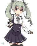 alternate_costume amano_kouki anchovy bangs black_legwear blush buttons dress drill_hair girls_und_panzer hair_ribbon highres long_hair long_sleeves looking_at_viewer red_eyes ribbon shirt simple_background solo thighhighs twin_drills twintails white_background white_shirt 