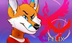  anthro blue_fur canine clothing felix_silverclaw fox fur gradient_background luna/mumble male mammal nintendo pok&eacute;mon pok&eacute;mon_go red_fur red_shirt simple_background team_valor video_games white_fur 