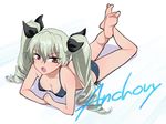  anchovy arm_support barefoot bikini breasts character_name cleavage drill_hair feet full_body girls_und_panzer green_hair looking_at_viewer lying medium_breasts on_stomach open_mouth red_eyes shoukaki_(earthean) side-tie_bikini solo swimsuit the_pose twintails white_background 
