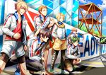  5boys :d aku-usagi artist_name blonde_hair blue_eyes blue_sky brown_hair clenched_hand day fujiwara_takeru glasses green_eyes green_hair hand_on_hip hasekura_heath jacket kadowaki_ayumu kohinata_hozumi long_hair male_focus multiple_boys open_mouth outdoors prince_of_stride red_eyes sakurai_nana shoes shorts sky smile sneakers sportswear standing stretch track_jacket twintails yagami_riku 