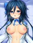  asamura_hiori bed blue_eyes blue_hair blush breasts cum cum_on_body cum_on_lower_body fang from_above highres large_breasts long_sleeves looking_at_viewer looking_up lying mother_(pso2) navel nipples on_back open_clothes open_mouth open_shirt out-of-frame_censoring phantasy_star phantasy_star_online_2 shirt short_hair short_hair_with_long_locks solo sweat 