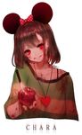  apple artist_name blood blood_on_arm blood_on_face bloody_clothes bloody_hands blush bow brown_hair chara_(undertale) character_name collarbone evil_grin evil_smile food fruit grin heart heart_necklace highres holding holding_food holding_fruit jewelry knife looking_at_viewer mickey_mouse_ears necklace off_shoulder polka_dot polka_dot_bow red_eyes shal.e shirt smile solo spoilers striped striped_shirt twitter_username undertale upper_body white_background 
