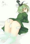  ass bent_over blush breasts closed_mouth dress from_behind ghost_tail green_dress green_eyes green_hair hat japanese_clothes juliet_sleeves large_breasts long_sleeves looking_at_viewer looking_back mononobe_no_futo multiple_girls no_panties ofuda puffy_sleeves short_hair soga_no_tojiko solo_focus tate_eboshi touhou uchisukui wavy_mouth 