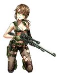  absurdres ameyoshi-kun boots breasts brown_hair combat_boots explosive front-tie_bikini front-tie_top full_body gloves green_eyes grenade gun head_tilt highres holster kneeling knife long_hair looking_at_viewer medium_breasts metal_gear_(series) metal_gear_solid_v mismatched_gloves pantyhose ponytail quiet_(metal_gear) rifle scope sniper_rifle solo suspenders thigh_holster torn_clothes torn_legwear underboob weapon 