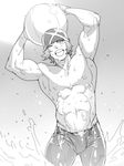  ;) abs adonis_belt arms_up ball bandana beachball blush bulge enjouji_michiru greyscale headset idolmaster idolmaster_side-m jammers mabataki male_focus monochrome nipples one_eye_closed shirtless skin_tight smile solo water wavy_hair wet 