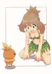  bad_id bad_pixiv_id bikini blue_eyes bodypaint breasts brown_hair facepaint fang gen_3_pokemon kneeling leaf_bikini leaf_skirt nyonn24 odamaki_sapphire open_mouth pokemon pokemon_(creature) pokemon_special skirt small_breasts swimsuit torchic 