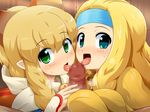  2girls blonde_hair blue_eyes blush breasts capcom character_request crafting_shop_daughter_(monster_hunter) green_eyes headband konpeto licking monster_hunter multiple_girls nervous penis sweat 