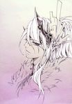 artist_name buckle closed_mouth collar face gradient hair_between_eyes hair_ornament hanakingyo highres lin_xue_ya long_hair male_focus monochrome parted_lips ponytail portrait signature smile solo thunderbolt_fantasy upper_body 