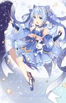  2017 beamed_eighth_notes blue_eyes blue_hair character_name detached_sleeves dress earrings eighth_note elbow_gloves fingerless_gloves gloves hatsune_miku highres jewelry long_hair musical_note nana_(koadenium1) open_mouth scarf snowflakes staff_(music) star thighhighs treble_clef twintails very_long_hair vocaloid wand yuki_miku yukine_(vocaloid) 
