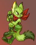  2016 anthro bandanna brown_background carol_tea cat clothing feline female fingerless_gloves freedom_planet freedom_planet_2 fur gloves green_fur mammal midriff nimadoodlez signature simple_background video_games 