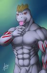  2016 abs biceps fangs looking_at_viewer machoke male muscular nameless00 navel nintendo nipples nude open_mouth pecs penis pok&eacute;mon red_eyes saliva seductive solo teeth tongue tongue_out video_games 