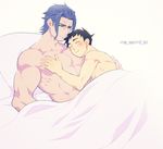  2boys abs aftersex age_difference bed blanket blush gyakuten_saiban lying male_focus multiple_boys muscle pecs size_difference smile yaoi 