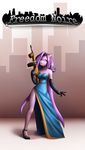  alternate_universe anakonda1331 anthro clothed clothing dragon dress female footwear freedom_planet gun hair high_heels long_hair ranged_weapon sash_lilac solo text video_games weapon 