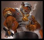  armpits athletic cigarette clothed clothing cooking feline hat jewelry low-angle_view male mammal necklace nipples smoke smoking solo stripes tacklebox tiger tongue tongue_out topless 