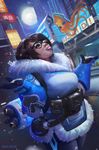  billboard brown_hair city eyebrows fur_collar glasses gloves hair_ornament hairpin mei_(overwatch) moon night outstretched_arms overwatch rodrigo_ramos snow snowing solo thick_eyebrows tongue tongue_out 