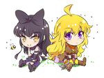  ahoge arm_support bare_shoulders bee black_hair blake_belladonna blonde_hair boots bow bug chibi full_body gloves hair_bow iesupa insect long_hair looking_at_viewer multiple_girls purple_eyes rwby rwby_chibi sitting smile v_arms yang_xiao_long yellow_eyes 