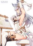  animal_ears arm_behind_head arm_up armpits backless_dress backless_outfit bangs black_legwear blue_eyes blunt_bangs blush breasts character_name copyright_name crossed_legs dress easel elbow_gloves erune fingerless_gloves from_side gloves granblue_fantasy hair_ornament haoni holding holding_pen korwa left-handed long_hair looking_at_viewer looking_to_the_side medium_breasts mismatched_gloves mismatched_legwear pen profile pulling quill sideboob silver_hair single_fingerless_glove sitting smile solo stool thighhighs thighs white_background white_dress white_gloves white_legwear 