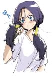  1girl arm_at_side bidarian black_hair blue_eyes blush dragon_ball dragonball_z fingerless_gloves frown gloves hand_in_hair hand_up head_tilt looking_away scissors shaded_face shirt simple_background solo sweatdrop twintails upper_body videl white_background white_shirt 