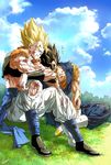  black_hair blonde_hair blood bloody_clothes blue_sky boots bruise cloud day dougi dragon_ball dragon_ball_z earrings gloves gogeta grass green_eyes highres indian_style injury jewelry kim_yura_(goddess_mechanic) male_focus multiple_boys muscle outdoors potara_earrings signature sitting sky spiked_hair super_saiyan time_paradox torn_clothes vegetto vest white_footwear white_gloves zzz 