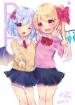  2girls ;d alternate_costume arm_behind_back arm_up bat_wings blonde_hair blue_skirt bow bowtie contemporary contrapposto cowboy_shot crystal dated eyes_visible_through_hair flandre_scarlet hair_between_eyes hair_ornament hair_ribbon head_tilt light_blue_hair long_sleeves looking_at_viewer miniskirt multiple_girls necktie one_eye_closed open_mouth outstretched_hand pink_sweater plaid_neckwear pleated_skirt remilia_scarlet ribbon school_uniform short_hair siblings side-by-side side_ponytail signature sisters skirt smile sweater tan_sweater thigh_gap touhou unya_(coco121955) v white_background wings 