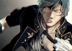  angry bangs blue_hair clenched_teeth gloves glowing glowing_eyes gradient gradient_background heterochromia holding holding_sword holding_weapon ichigo_hitofuri jacket lips mad369 male_focus open_clothes open_jacket red_eyes solo swept_bangs sword teeth touken_ranbu upper_body weapon white_gloves yellow_eyes 