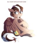  brown_eyes brown_feathers brown_fur brown_hair cutie_mark equine eyewear fan_character feathered_wings feathers feral fur glasses hair hooves ka-samy male mammal my_little_pony nude pegasus simple_background sitting solo teeth white_background white_hair wings 