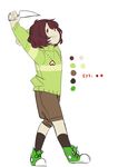  black_legwear brown_hair chara_(undertale) color_guide english heart heart_necklace heart_pendant highres jewelry kneehighs knife necklace parted_lips red_eyes shorts sketch smile soleilos solo spoilers standing striped striped_sweater sweater undertale 