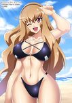  ;d absurdres ass_visible_through_thighs beach bikini black_bikini blue_sky blush bnc_(bunshi) breasts brown_hair cleavage cloud copyright copyright_name day hairband highres huge_breasts long_hair looking_at_viewer md5_mismatch mizuki_waka navel ocean one_eye_closed open_mouth outdoors sky smile solo swimsuit time_travel_shoujo:_mari_waka_to_8-nin_no_kagakusha-tachi very_long_hair zipper 