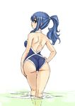  ass bare_shoulders black_eyes blue_hair casual_one-piece_swimsuit fairy_tail from_behind halterneck hand_on_hip hips juvia_lockser long_hair looking_back mashima_hiro official_art one-piece_swimsuit parted_lips ponytail shiny shiny_hair shoulder_blades sidelocks solo swimsuit thigh_gap wading water 