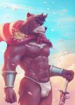  5_fingers abs anthro black_nose clothing hanukami kumatetsu male mammal melee_weapon muscular muscular_male pecs solo sword the_boy_and_the_beast underwear ursid weapon 