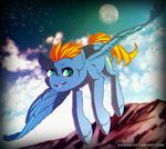  blonde_hair blue_feathers blue_fur cutie_mark equine fan_character feathered_wings feathers feral flying fur green_eyes hair hooves ka-samy male mammal moon my_little_pony night nude outside pegasus sky smile solo star starry_sky wings 