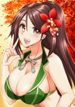  alternate_costume amagi_(kantai_collection) bare_shoulders bikini breasts brown_eyes brown_hair cleavage collarbone commentary_request eyebrows eyebrows_visible_through_hair flower green_bikini_top hair_between_eyes hair_flower hair_ornament kantai_collection large_breasts long_hair looking_at_viewer makumaxu mole mole_under_eye open_mouth ponytail solo swimsuit upper_body v 