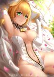  ahoge arm_up armpits ass_visible_through_thighs bangs bare_shoulders bed_sheet belt blonde_hair blurry blush breasts bu_li center_opening chain cleavage closed_mouth copyright_name cowboy_shot day depth_of_field detached_collar dutch_angle elbow_gloves fate/extra fate/extra_ccc fate_(series) flower full-length_zipper gloves green_eyes groin groin_tendon hair_between_eyes hair_intakes hand_up highleg highleg_leotard hips lens_flare leotard light_smile lock looking_at_viewer lying medium_breasts navel nero_claudius_(bride)_(fate) nero_claudius_(fate)_(all) on_back open_clothes padlock petals plant plunging_neckline ribbon_trim short_hair smile solo stomach strapless strapless_leotard sunlight thighs unzipped veil white_gloves white_leotard window zipper 