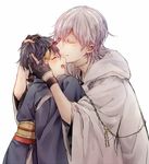  black_gloves blue_hair child closed_eyes colored_eyelashes eyebrows eyebrows_visible_through_hair gloves hood japanese_clothes lips male_focus mikazuki_munechika multiple_boys open_mouth partly_fingerless_gloves shichimi_(ftlvampire32) sleeves_past_wrists smile touken_ranbu tsurumaru_kuninaga white_hair younger 