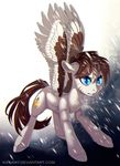  brown_feathers brown_hair cutie_mark equine eyelashes fan_character feathered_wings feathers feral fur hair hooves ka-samy male mammal my_little_pony nude snow snowing solo spread_wings standing white_feathers white_fur wings 