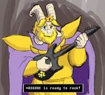  anthro armor asgore_dreemurr atlantart beard blonde_hair blue_eyes cape caprine clothed clothing crown english_text facial_hair flower goat guitar hair heterochromia horn mammal musical_instrument plant red_eyes solo text undertale video_games 