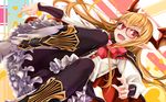  bat_wings bespectacled black_legwear blonde_hair blush boots bow cape fang frilled_skirt frills glasses granblue_fantasy head_wings highres long_hair long_sleeves looking_at_viewer ogami_kazuki open_mouth pantyhose pointy_ears red-framed_eyewear red_eyes shingeki_no_bahamut skirt smile solo vampire vampy wings 
