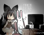  :x animal_ears artist_self-insert bangs black_hair blush_stickers bunny chair chibi choker commentary_request desk dress fox_ears fox_tail goma_(gomasamune) gradient gradient_background headphones keyboard_(computer) long_hair monitor office_chair open_mouth original parted_bangs red_eyes sketch smile speaker tail translation_request |_| 