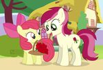 apple_bloom_(mlp) bow day detailed_background dm29 duo equine eyelashes female feral flower friendship_is_magic green_eyes hair hooves mammal my_little_pony open_mouth outside plant red_hair rose rose_(mlp) smile standing tongue young 