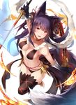 animal_ears bell blue_hair breasts cleavage erune fang fire fox_ears fox_tail gloves granblue_fantasy groin hair_bell hair_ornament highres jingle_bell long_hair looking_at_viewer medium_breasts nanahara_fuyuki navel open_mouth red_eyes solo tail thighhighs yuel_(granblue_fantasy) 