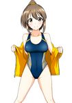  aizawa_u-ji brown_eyes brown_hair competition_swimsuit hori_yuuko idolmaster idolmaster_cinderella_girls one-piece_swimsuit ponytail short_hair short_ponytail smile solo standing swimsuit towel 