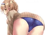  ass bent_over cameltoe hairband i-26_(kantai_collection) kantai_collection light_brown_eyes light_brown_hair long_hair looking_back new_school_swimsuit school_swimsuit shiso_azuki solo sweater swimsuit swimsuit_under_clothes trefoil two-tone_hairband two_side_up white_background 