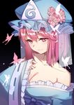  black_background blue_bow blue_hat blue_kimono bow breasts bug butterfly cleavage collarbone flower frilled_hat frilled_kimono frilled_sleeves frills ginryuu hair_between_eyes hat hat_flower insect japanese_clothes kimono looking_at_viewer medium_breasts mob_cap off_shoulder pink_eyes pink_flower pink_hair ribbon-trimmed_sleeves ribbon_trim saigyouji_yuyuko smile solo touhou triangular_headpiece upper_body veil wide_sleeves 