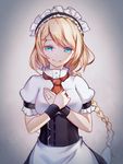  blonde_hair blue_eyes braid corset cowboy_shot g36_(girls_frontline) girls_frontline grey_background jewelry long_hair looking_at_viewer maid_headdress necktie pantie_painting red_neckwear ring shirt smile solo tears wedding_band white_shirt 