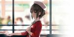  backlighting bangs beret blurry blurry_background blush brown_eyes brown_hair day depth_of_field dress from_side hat jacket katou_megumi long_sleeves looking_at_another misaki_kurehito official_art outstretched_arm outstretched_hand red_jacket ribbon saenai_heroine_no_sodatekata short_hair smile solo_focus sunlight upper_body white_hat window 