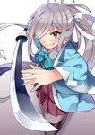  ahoge asashimo_(kantai_collection) bow bowtie fang gradient gradient_background grey_eyes grey_hair hair_over_one_eye headband holding holding_sword holding_weapon japanese_clothes kantai_collection katana kusano_(torisukerabasu) long_hair long_sleeves looking_at_viewer multicolored_hair pantyhose ponytail purple_background purple_hair purple_legwear remodel_(kantai_collection) school_uniform shinsengumi solo sword teeth weapon white_background wide_sleeves 